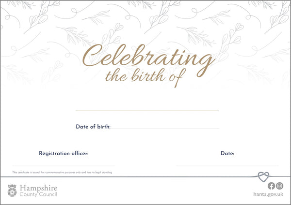 Commemorative Birth Certificate - Style 1 – Hampshire County Council Shop